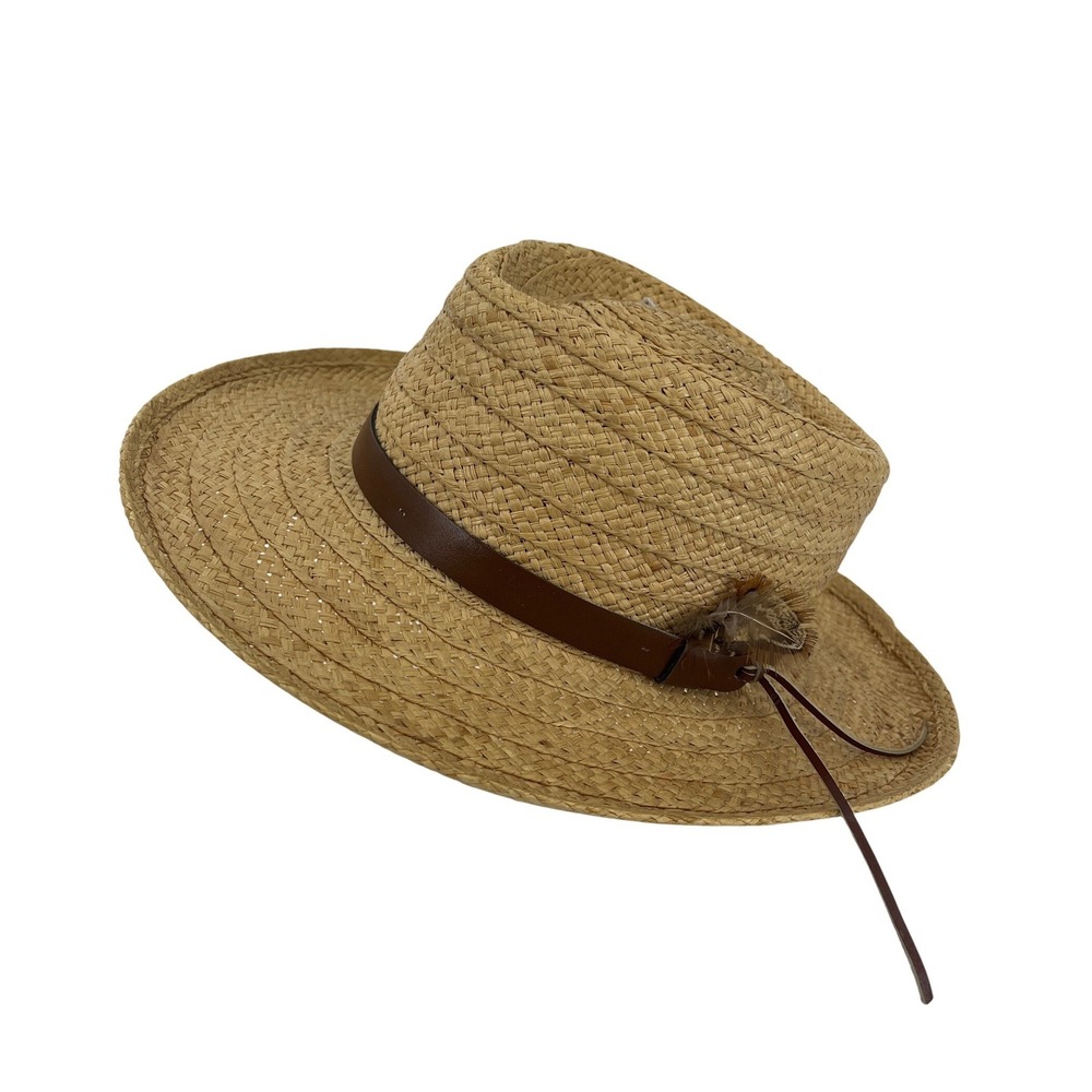 Summer Club Straw Sun Hat Tan Wide Brim Fedora Styled in Australia Feather Trim